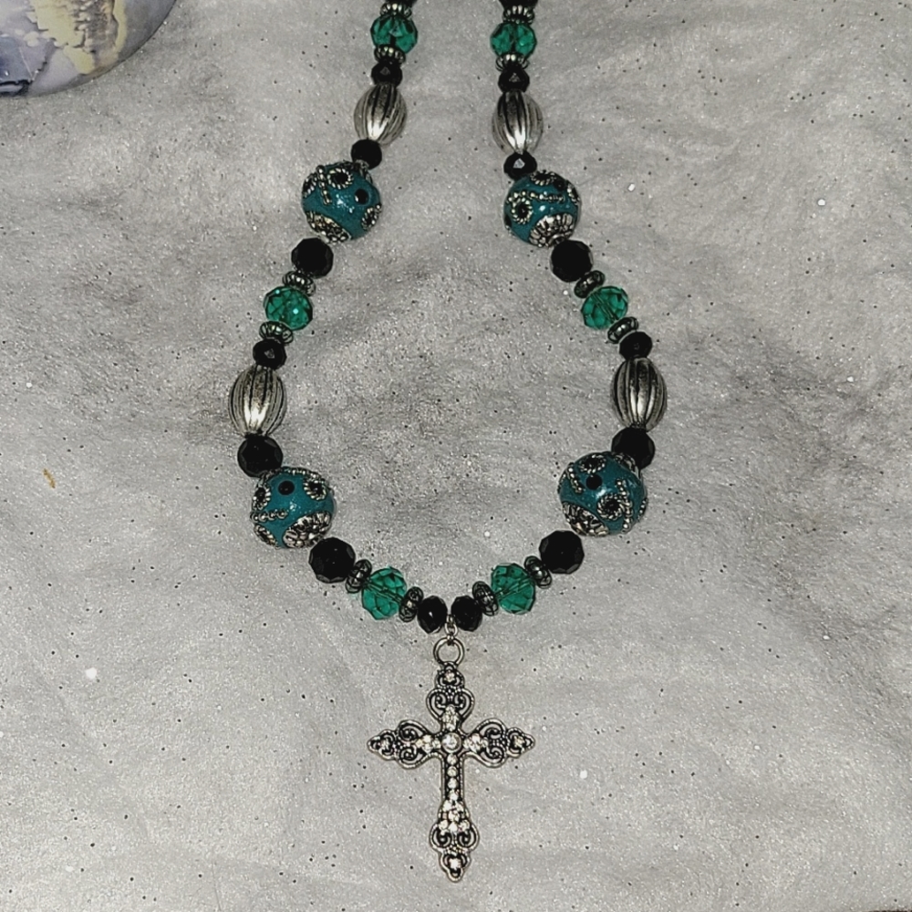 Teal/silver Cross Necklace